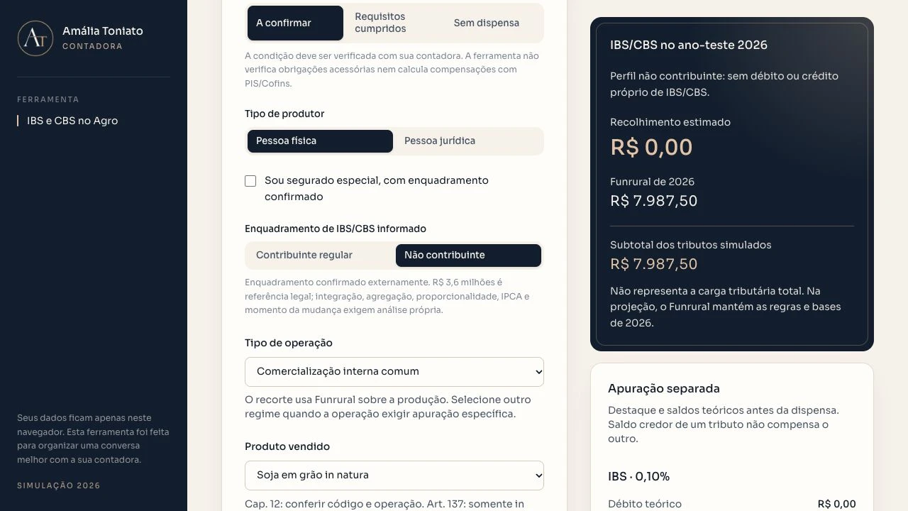 Interface real da calculadora IBS/CBS mostrando o cenário de não contribuinte e o Funrural separado