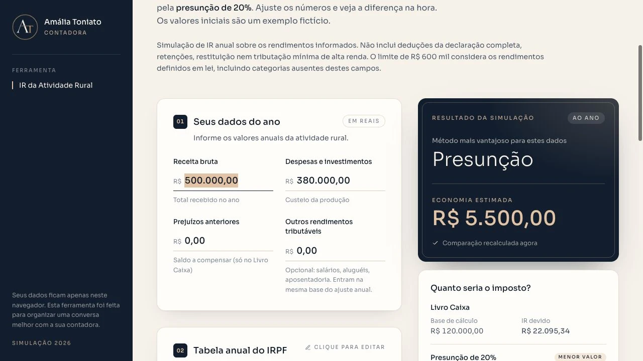 Interface real da calculadora IR Rural, com campos de receita e despesas e comparação entre os métodos